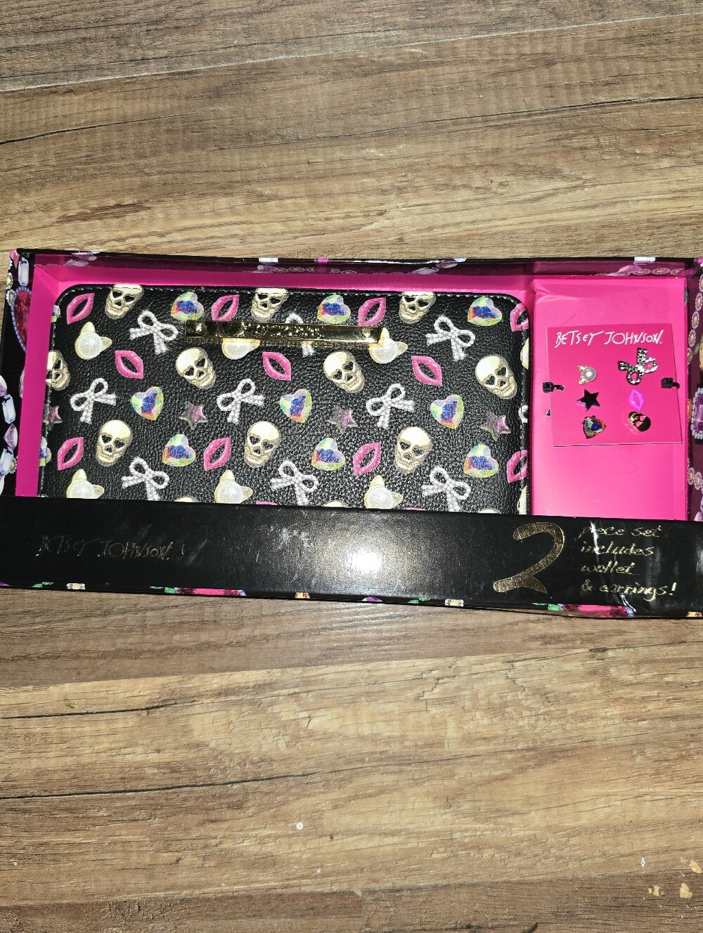 Betsey Johnson Black Wallet & Earring Set with Pink, White and Rainbow Accents